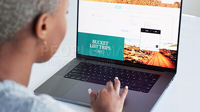 Laptop, hand and bucket list with a woman on the search online for an idea for a trip, holiday or vacation. Website, thinking and planning with a female looking on the internet for an adventure