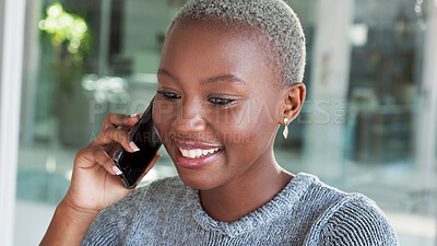 Buy stock photo Business, phone call and woman speaking to client in Nigeria office or employee networking with communication. Professional, face and African entrepreneur talking with b2b customer or conversation 