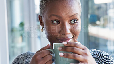 Coffee drink, relax home and black woman thinking of idea, happy in house and smile in the living room of apartment. Face of an African person drinking warm tea and calm in lounge for breakfast