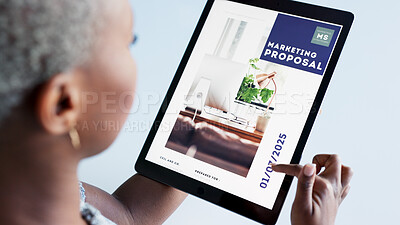 Buy stock photo Tablet, research and closeup of woman scroll on marketing proposal for a project. Creative, professional and African female designer working on an online company media website with digital technology
