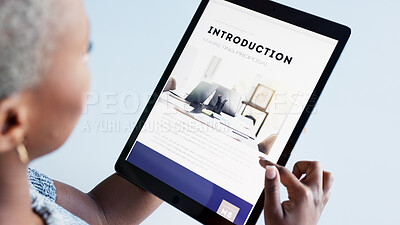 Buy stock photo Business person, tablet and screen of website design, company introduction and summary or information. Worker reading on digital technology for professional webdesign page, copywriting and branding