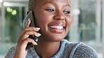 Happy, communication and phone call with black woman laughing in funny conversation, speaking and discussion. Connection, technology and smile with portrait of young girl talking on smartphone