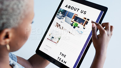 Buy stock photo Tablet, research and closeup of woman on a website reading a company blog for information. Digital technology, social media and African female person scroll online for startup business web design.