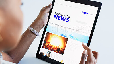 Buy stock photo News, tablet and closeup of woman reading a blog post on the internet, website or mobile app. Digital technology, hand and African female person scroll for online information, media or research.