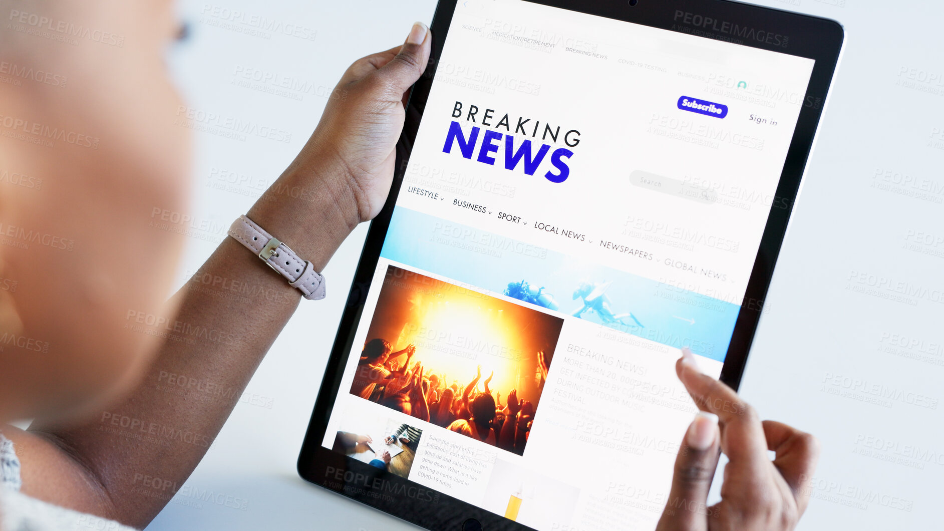 Buy stock photo News, tablet and closeup of woman reading a blog post on the internet, website or mobile app. Digital technology, hand and African female person scroll for online information, media or research.