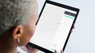 Black woman, tablet and contact us design for digital marketing startup, creative company and advertising business. Top view, zoom or hands of worker with brand website and media survey on technology
