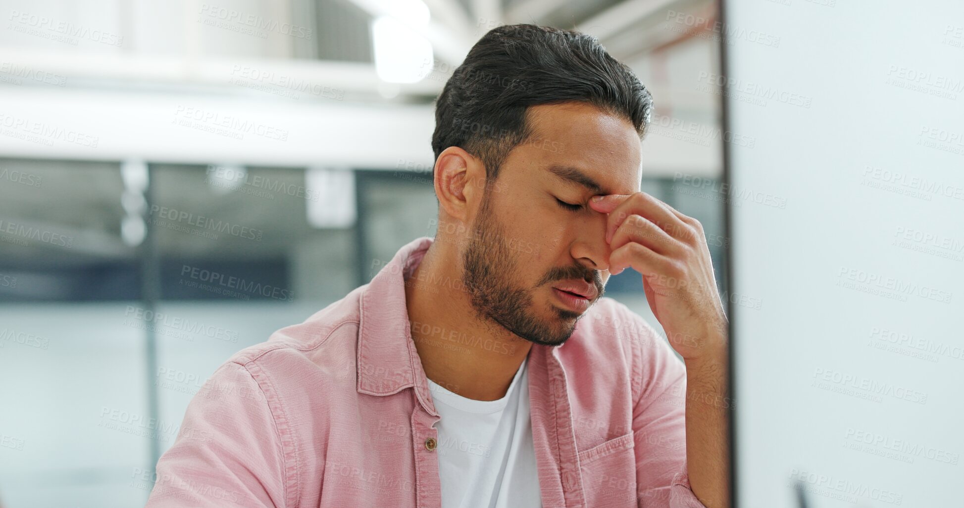 Buy stock photo Stress, tired and headache with business man at computer for 404 glitch, exhausted and fatigue. Anxiety, burnout and mental health with person in office for frustrated, mistake and website problem