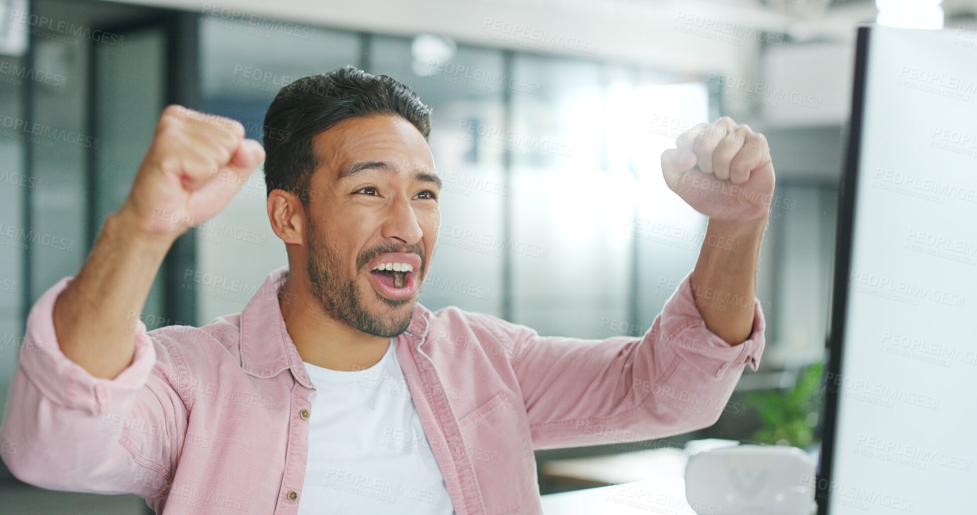 Buy stock photo Winner, motivation and celebration with a business man reaching a goal or target in his office at work. Wow, goals and success with a male employee celebrating a deal or promotion while working