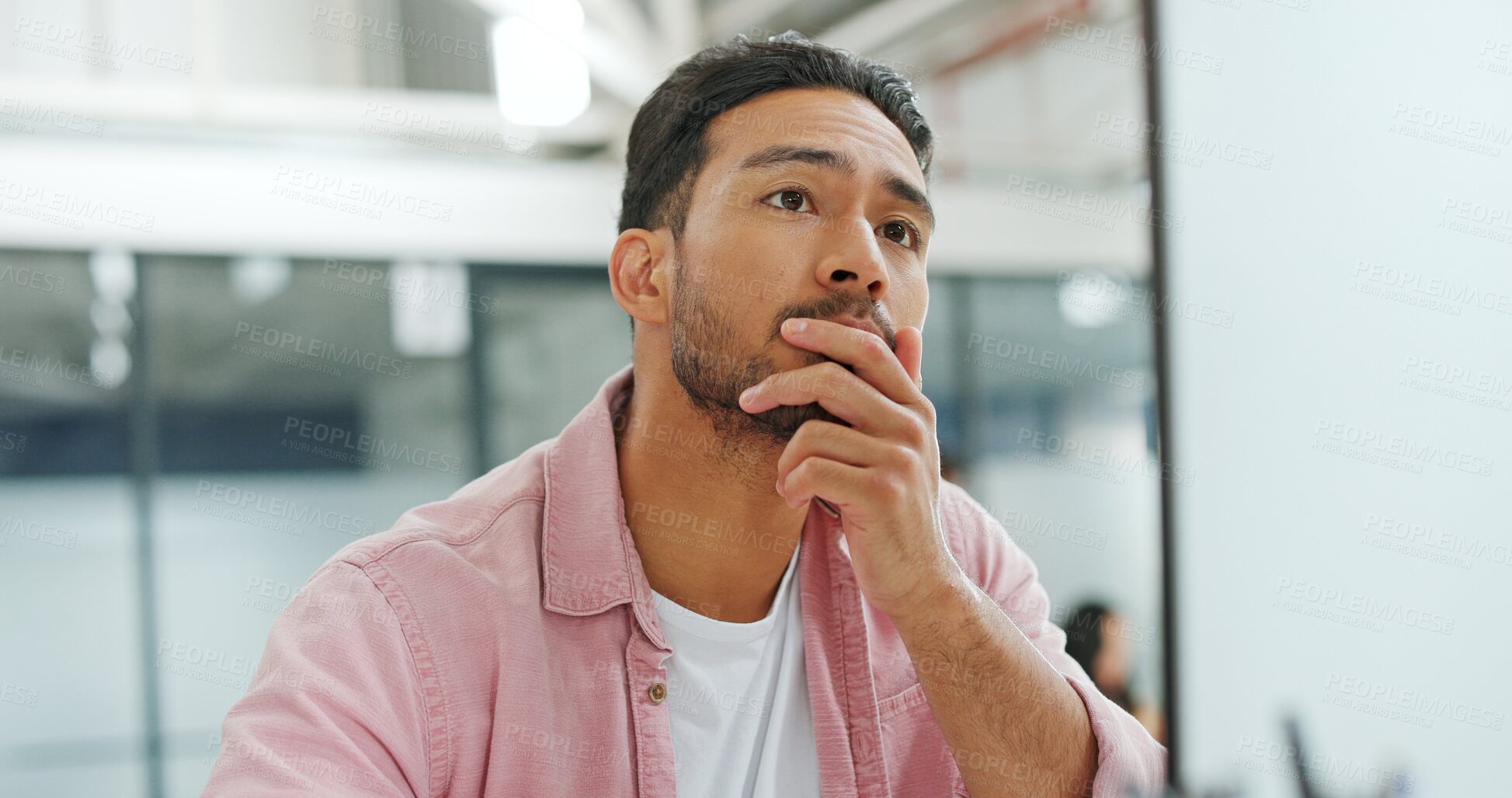 Buy stock photo Debt, anxiety and man with stress in office at computer with deadline, glitch and thinking at tech startup. Website, burnout and frustrated businessman at desk with worry, 404 crisis and brain fog.