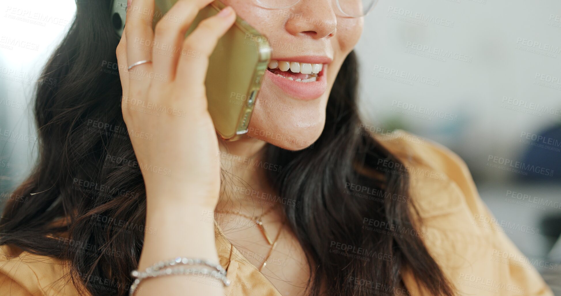 Buy stock photo Phone communication, talking and asian woman at home on a sofa with a online conversation. Phone call, speaking and networking of a person on a mobile phone at a living room house on a couch