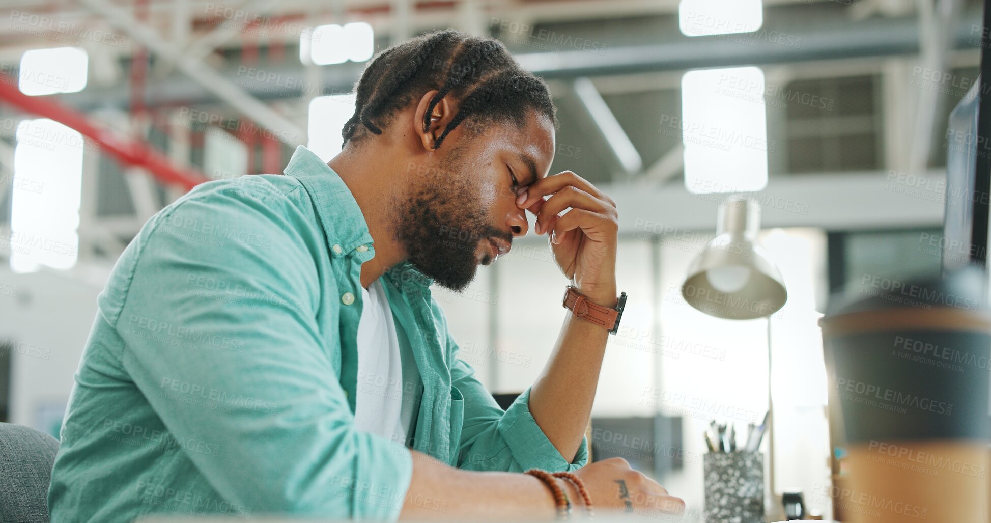 Buy stock photo Stress, burnout and headache with black man at computer for 404 glitch, exhausted and fatigue. Anxiety, tired and mental health with person in office for frustrated, mistake and website problem