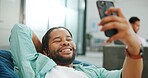 Black man, phone and peace sign on video call with smile for social, networking or communication at the office. African American man relaxing on break talking on smartphone videocall at the workplace