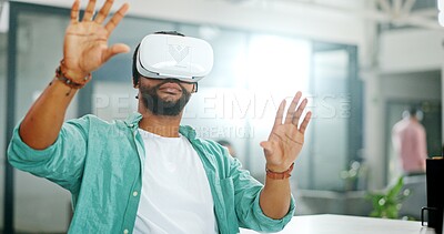 Virtual reality metaverse, augmented reality vr and black man work on cyber dashboard, digital transformation or ai software. Futuristic, headset and creative graphic designer with future simulation