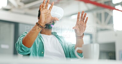 Virtual reality, vr metaverse and black man work on cyber dashboard, augmented reality or ai software. Digital transformation, future headset and creative graphic designer with futuristic simulation