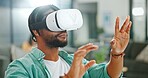 Virtual reality, vr metaverse and creative black man work on cyber dashboard, augmented reality or future ai software. Digital transformation, headset and graphic designer with futuristic simulation