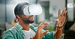 Virtual reality, vr metaverse and creative black man work on cyber dashboard, augmented reality or future ai software. Digital transformation, headset and graphic designer with futuristic simulation