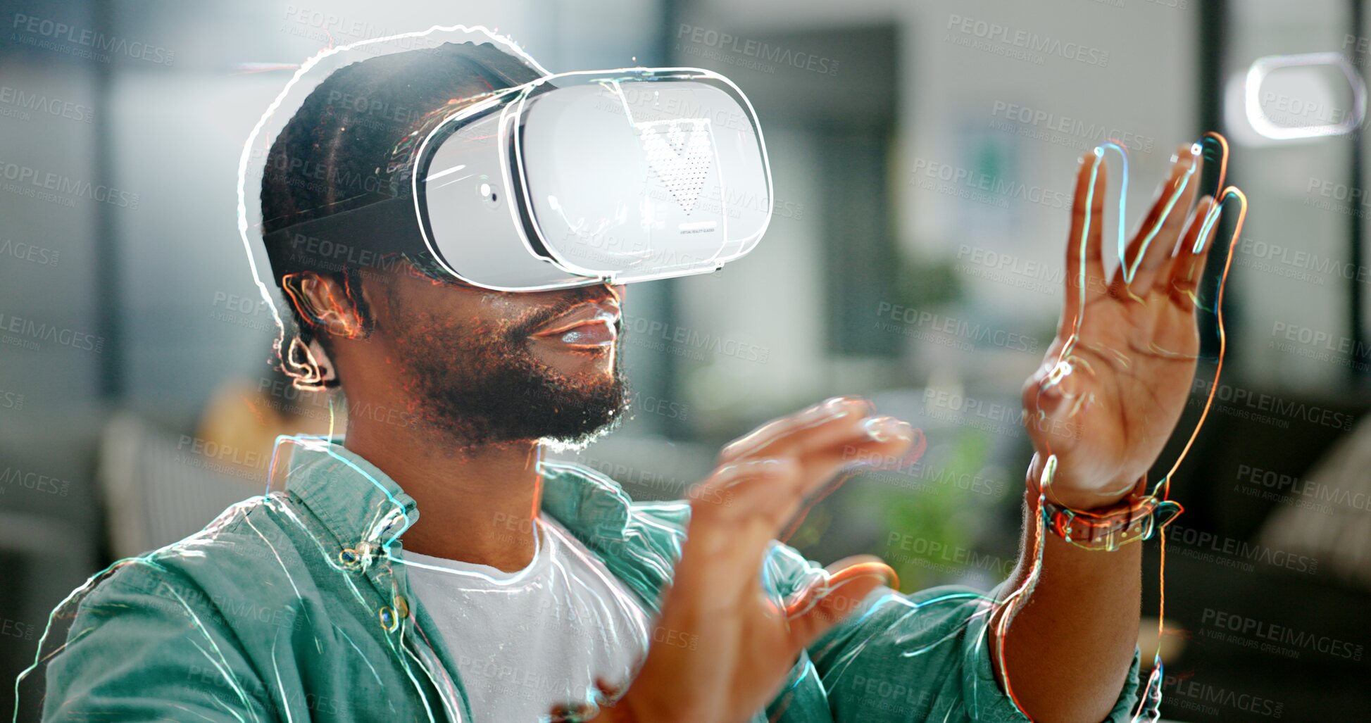 Buy stock photo Virtual reality, vr metaverse and black man work on cyber dashboard, augmented reality or ai software. Digital transformation, future headset and creative graphic designer with futuristic simulation