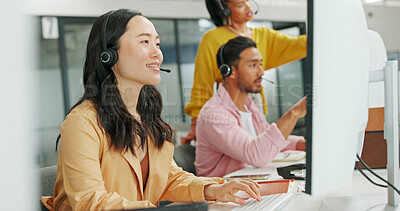 Call center, consulting or Asian business woman with computer for telemarketing, customer service or contact us. Communication, sales or crm girl employee at help desk agency for technical support