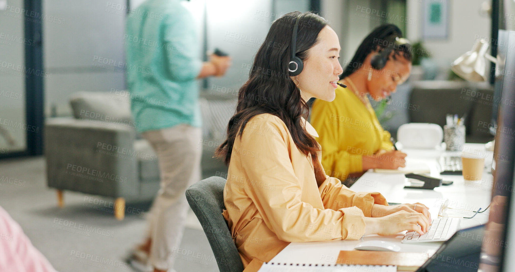 Buy stock photo Call center, typing and business women, consultant or agent for virtual communication, planning sales and telemarketing. Telecom agency, team and computer for coworking, help desk and website support