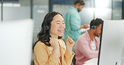 CRM, woman or Asian customer service applause for success telemarketing consultant, support or communication. Happy sale advisor, winner or call center for office deal, consulting or customer support