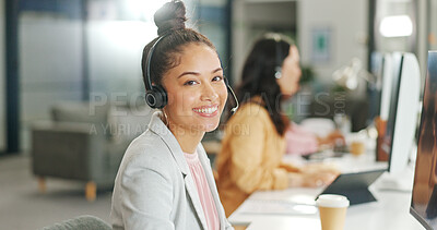 Happy CRM portrait, customer service or woman consultant smile for success telemarketing, help or communication. Sales advisor, call center or employee for contact us consulting or customer support