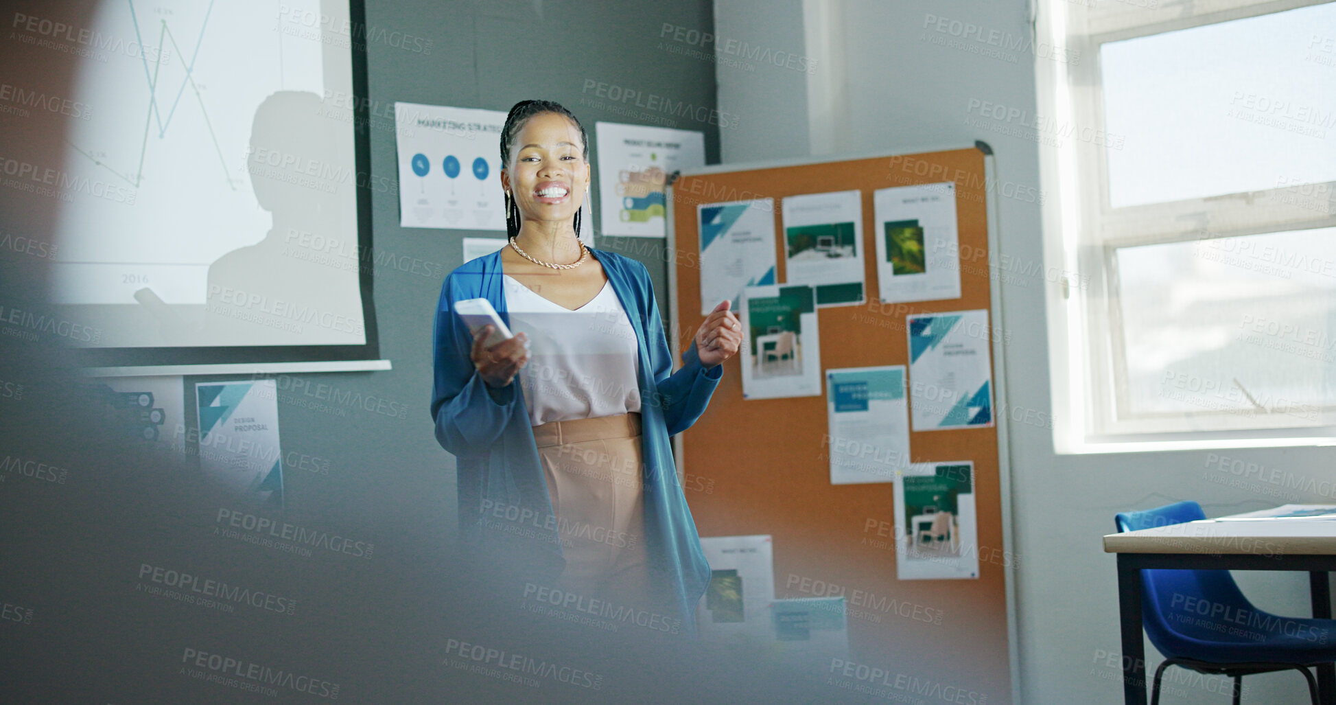 Buy stock photo Meeting, presentation and happy woman with charts, graphs and data on profit review of strategy workshop. Statistics, growth and speaker in seminar on projector, training audience on business plan.