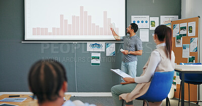 Buy stock photo Meeting, presentation and man with charts, graphs and data on profit review of strategy workshop. Statistics, growth and speaker in feedback seminar on projector, training audience on business plan.