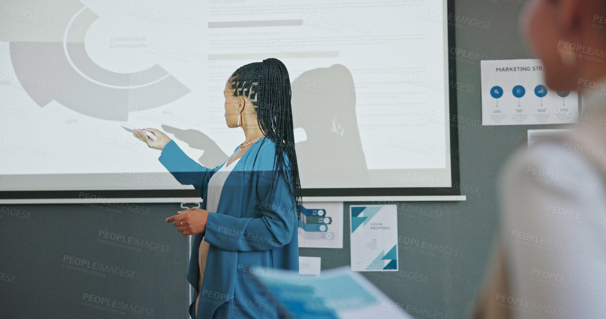Buy stock photo Meeting, presentation and black woman with charts, graphs and data on profit review of strategy workshop. Statistics, growth and speaker in seminar on projector, training audience on business plan.