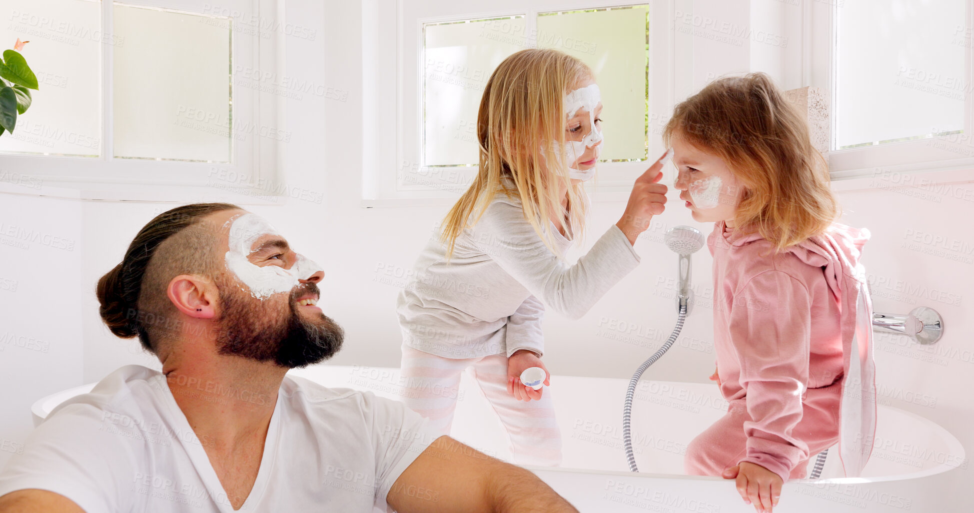 Buy stock photo Family, skincare and girl kids with father a bathroom for face mask, wellness or learning self care in their home. Love, facial and children with parent in a bath for cosmetic beauty application