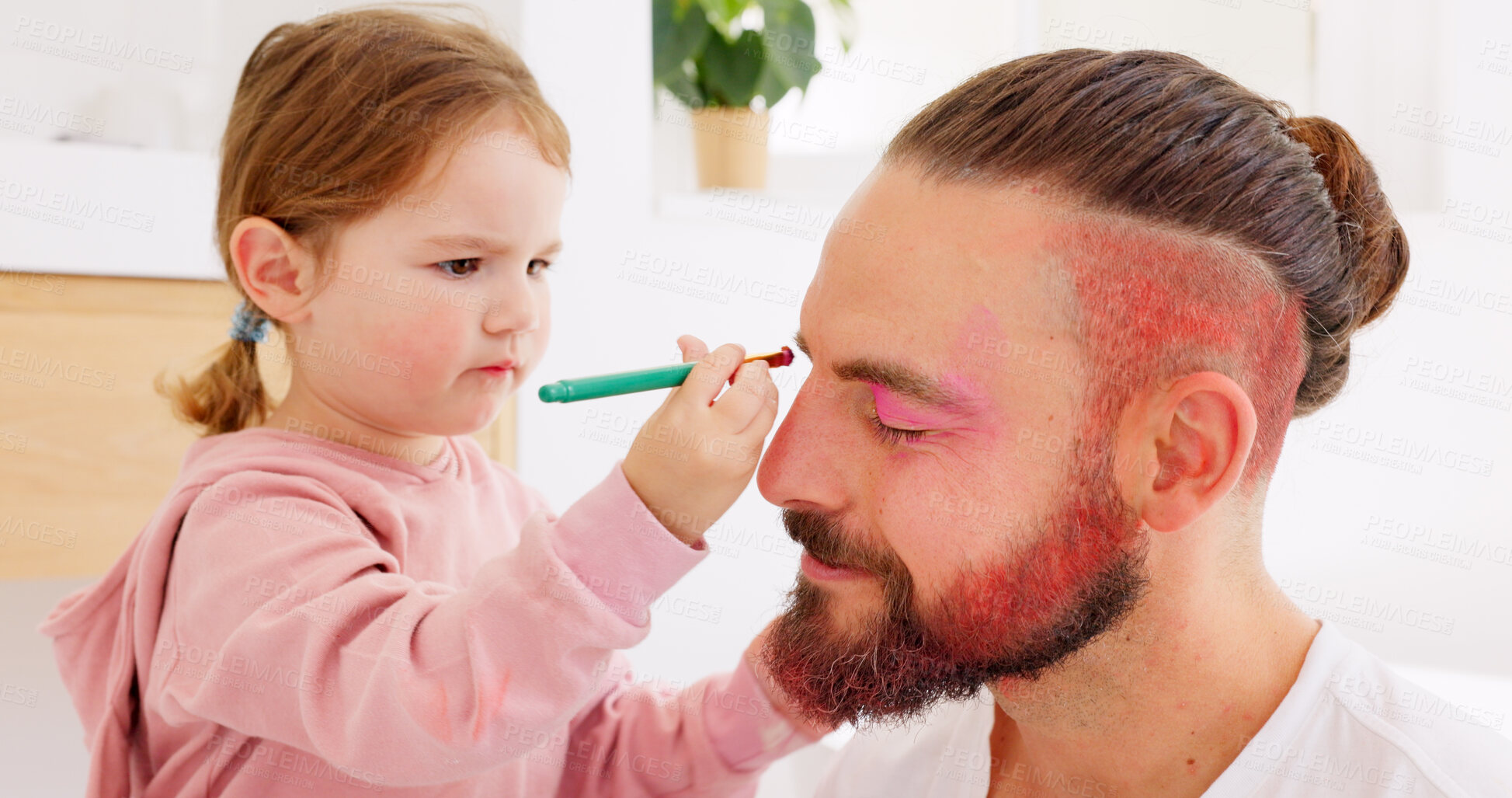 Buy stock photo Makeup, family and playing in a bathroom by girl child and father, bond and care in their home together. Love, cosmetics and kid with parent in their house with color, games or creative learning