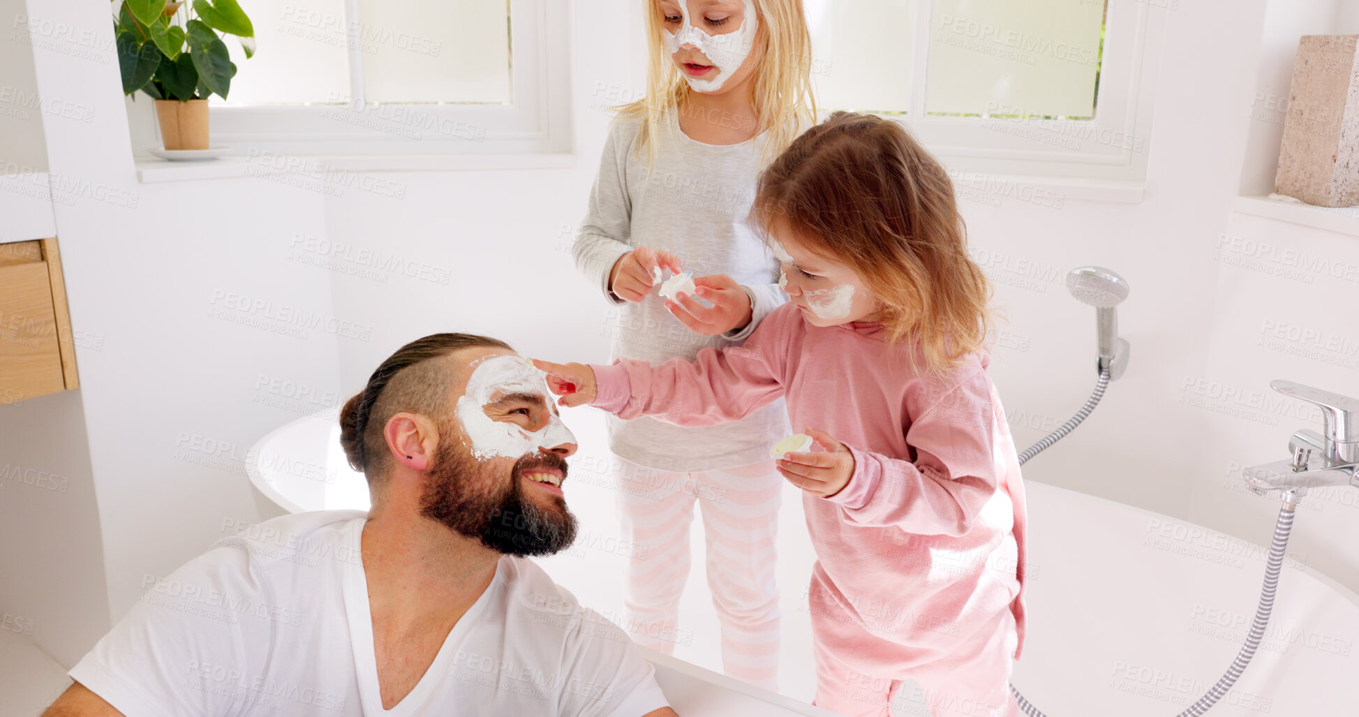 Buy stock photo Family, face mask and girl kids with father a bathroom for skincare, wellness or learning self care in their home. Love, facial and children with parent in a bath for cosmetic beauty application