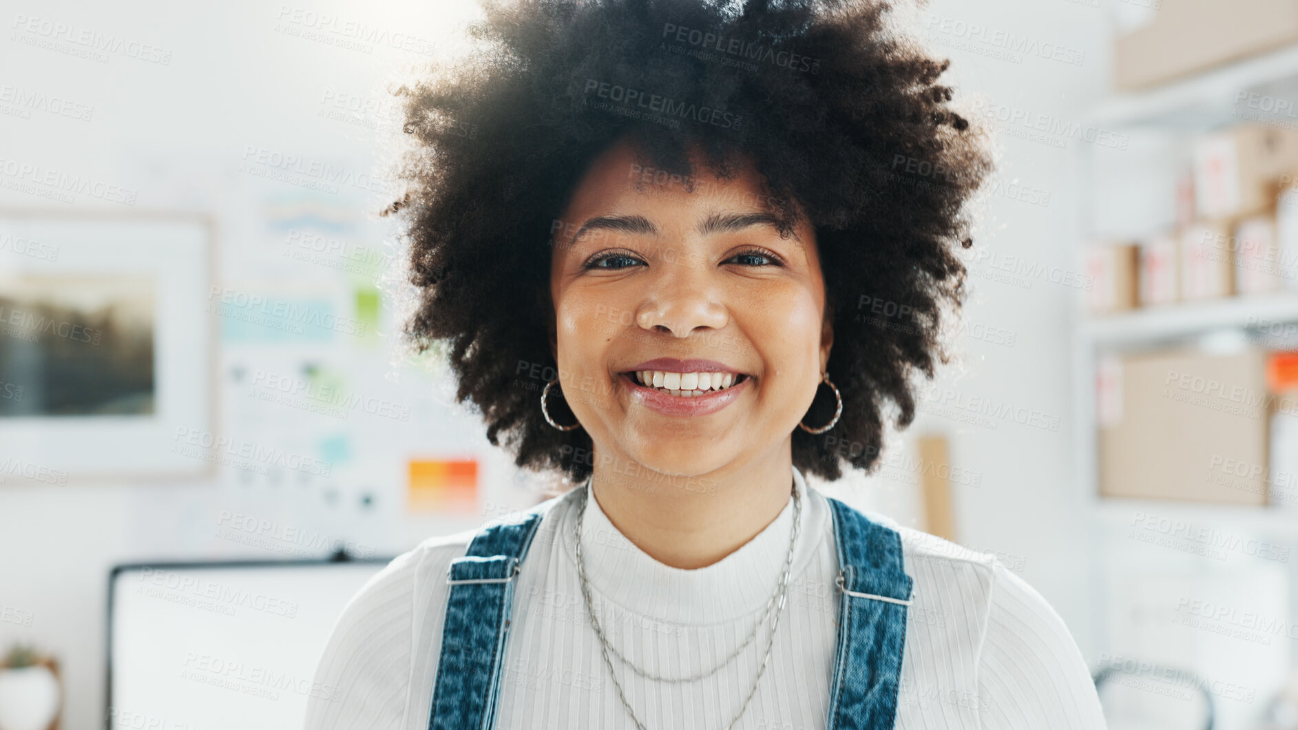 Buy stock photo Portrait, design and a woman creative in her workshop for a small business startup as a happy entrepreneur. Face, smile and a young designer working in her artistic studio for freelance venture