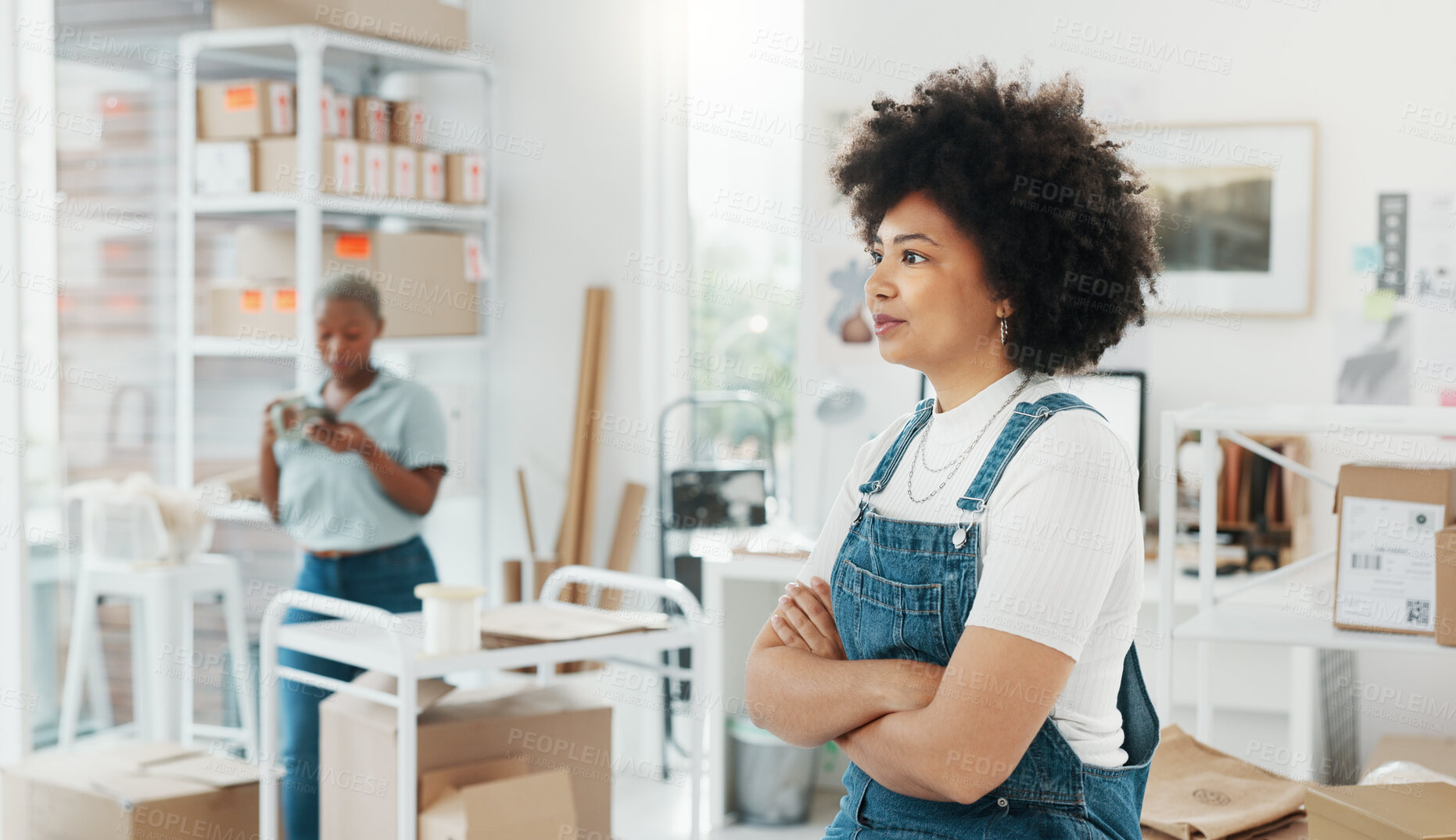 Buy stock photo Thinking, business goal and woman with arms crossed and pride in a startup company office. Creative, vision and a designer with career success at new workspace, empowered and power as an entrepreneur