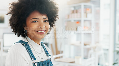 Employee portrait, happy business and black woman with smile at startup advertising company with mock up. Face of African worker, designer or girl working in marketing office with mockup space