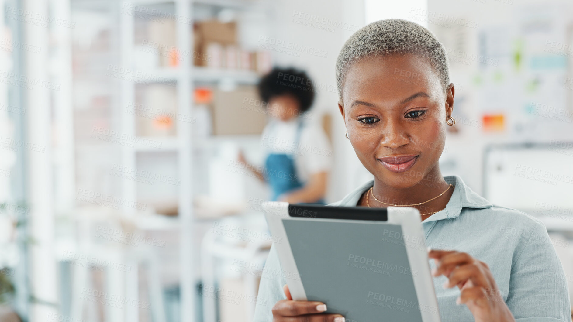 Buy stock photo Tablet, ecommerce and logistics with black woman in warehouse for supply chain, inventory and shipping. Digital, online shopping and small business with person for distribution, cargo and delivery