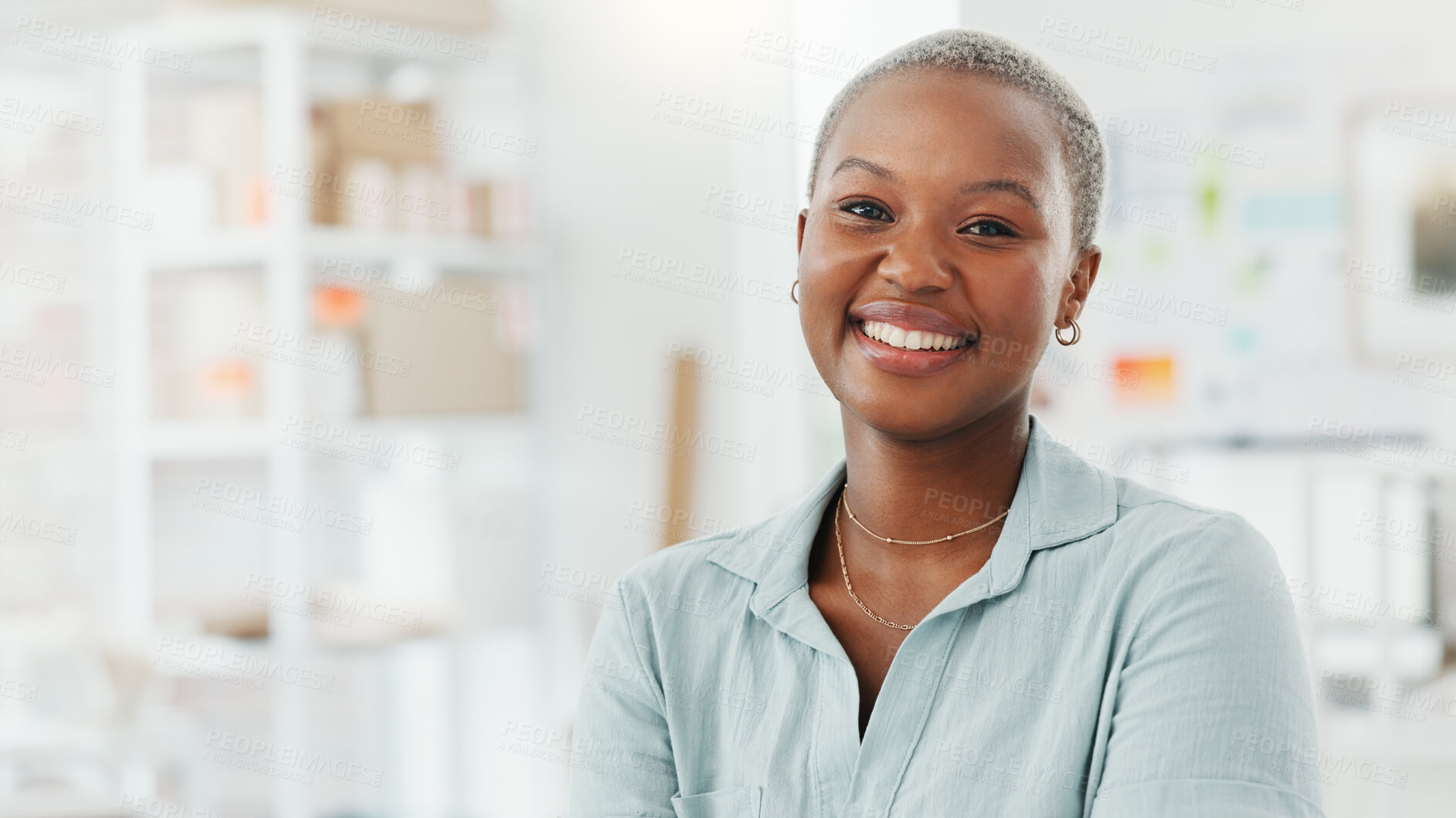 Buy stock photo Cargo, ecommerce and logistics with portrait of black woman in warehouse for shipping, pride and supply chain. Smile, delivery and small business with person in factory for online shopping mockup