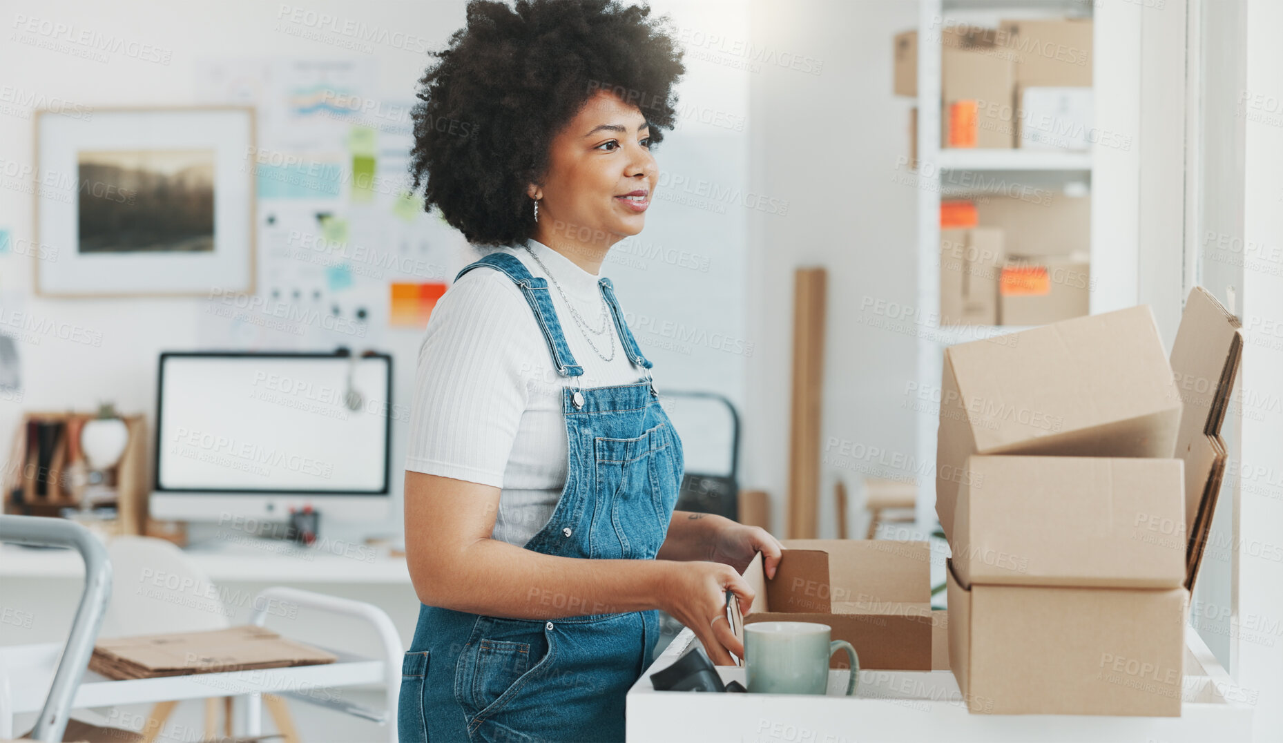 Buy stock photo Ecommerce, happy woman with boxes thinking in office for sales and delivery, seller at creative startup with smile. Online shopping, package and small business owner with product ideas at web store.
