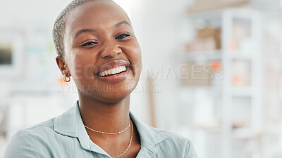 Happy, proud and laughing business woman thinking and looking confident with a positive mindset and motivation in office. Portrait of successful black female satisfied with career or job choice
