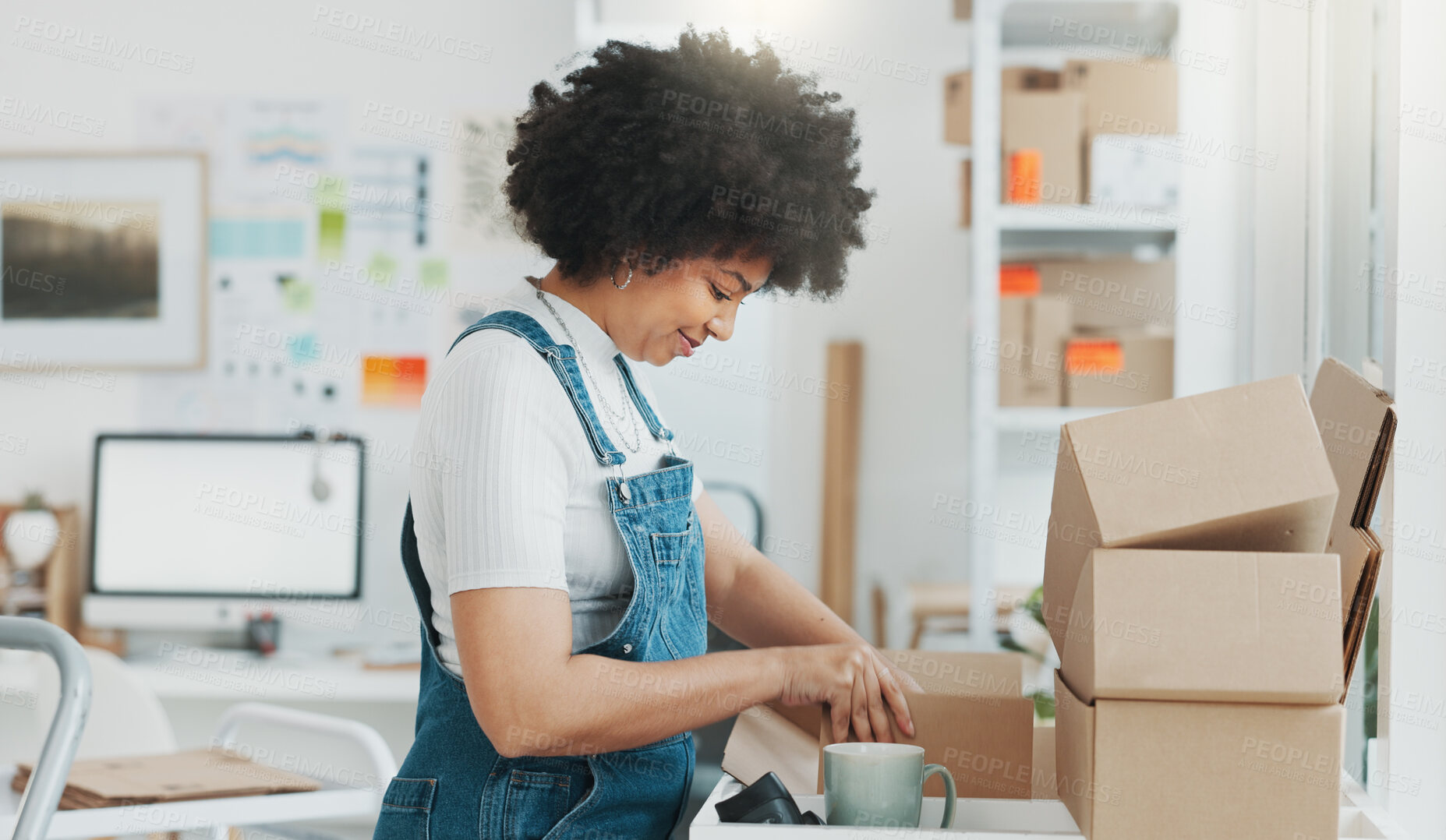 Buy stock photo Ecommerce, happy woman packing boxes in office for sales and delivery, seller at creative startup with smile. Online shopping, package and small business owner with product, stock or retail web store