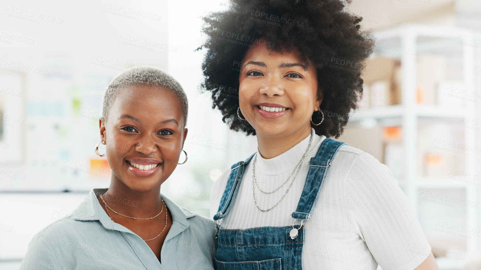 Buy stock photo Happy, startup and portrait of business partners in the office with confidence, smile and success. Career, creative and African women designer friends standing with confidence in modern workplace.