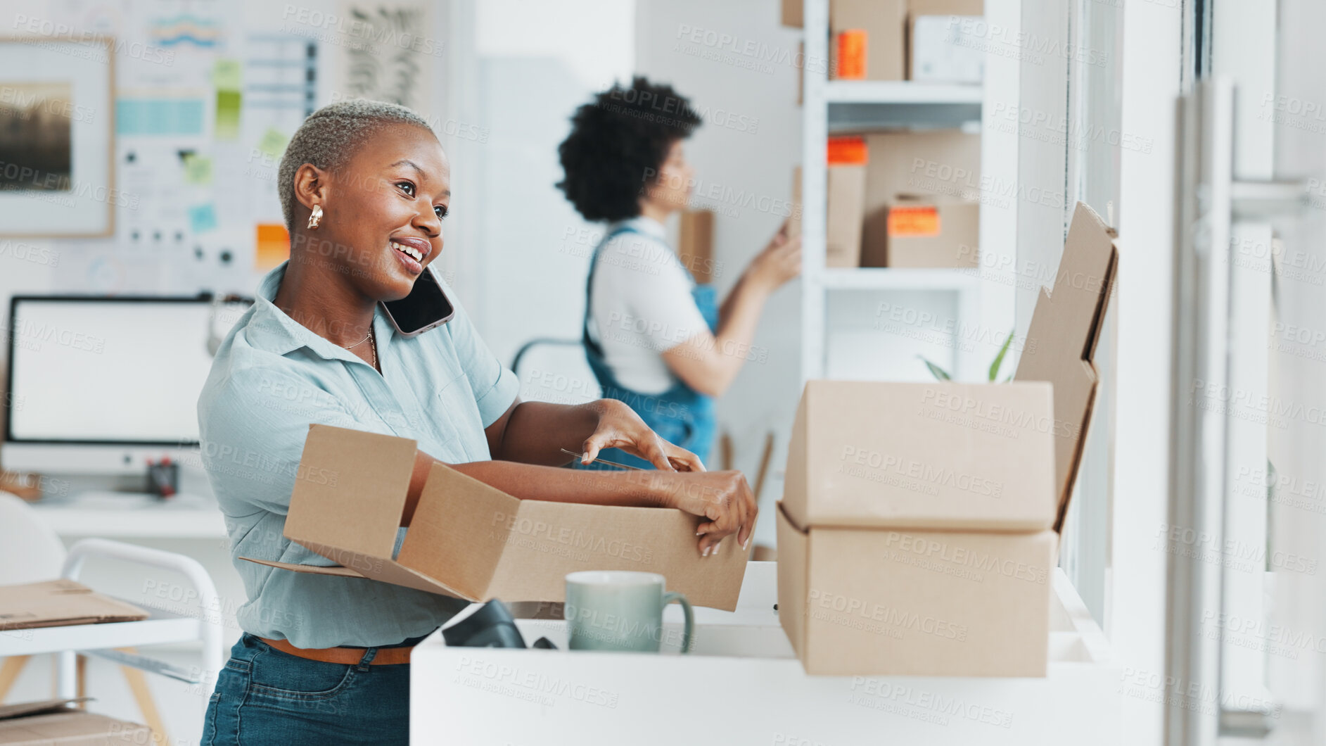 Buy stock photo Ecommerce boxes, phone call or happy black woman chat about logistics, shipping and work on cardboard packaging. Cellphone, distribution or African person talk about supply, delivery service or order