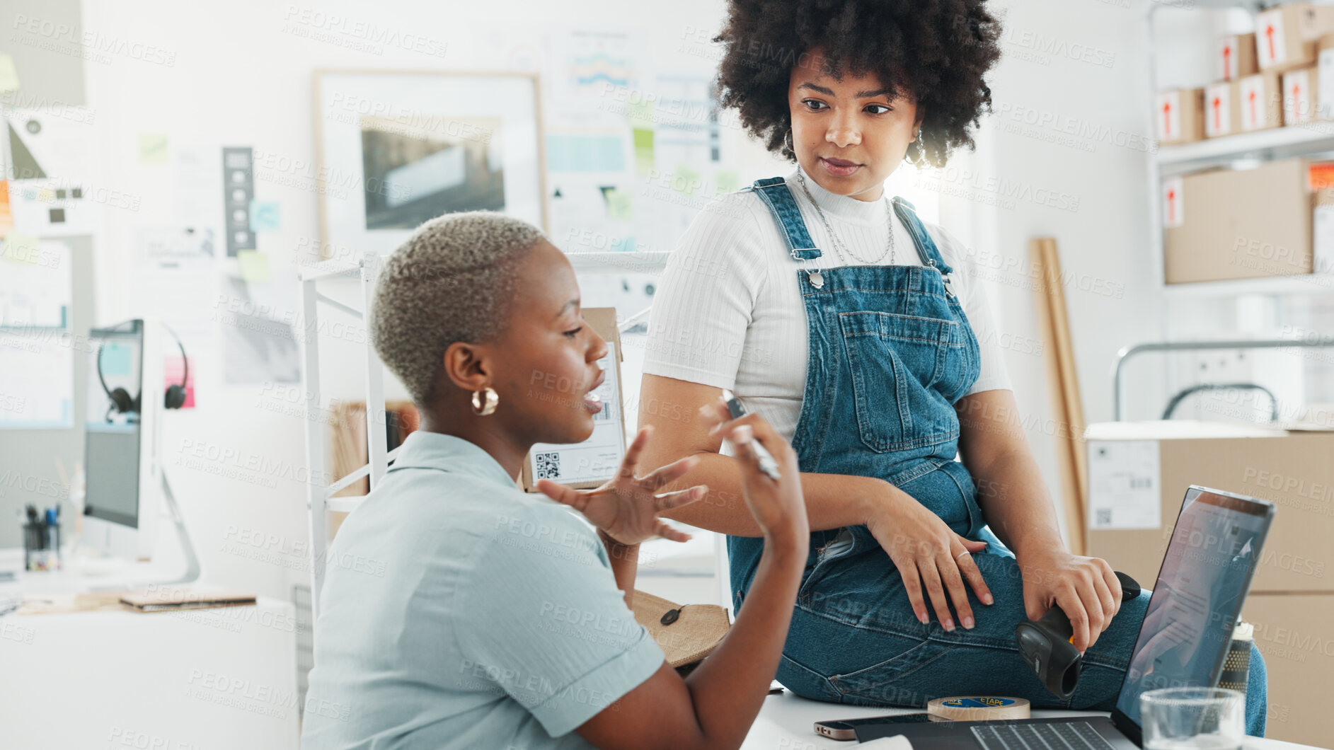 Buy stock photo Warehouse, logistics or conversation black women on laptop, connection or talking with a startup. People, entrepreneur or coworkers with a pc, discussion or communication on ecommerce delivery system