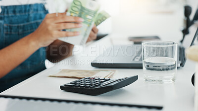 Business woman and cash money with calculator count for income profit analysis check in office. Professional finance, planning and organisation of salary cash and budget for company management.