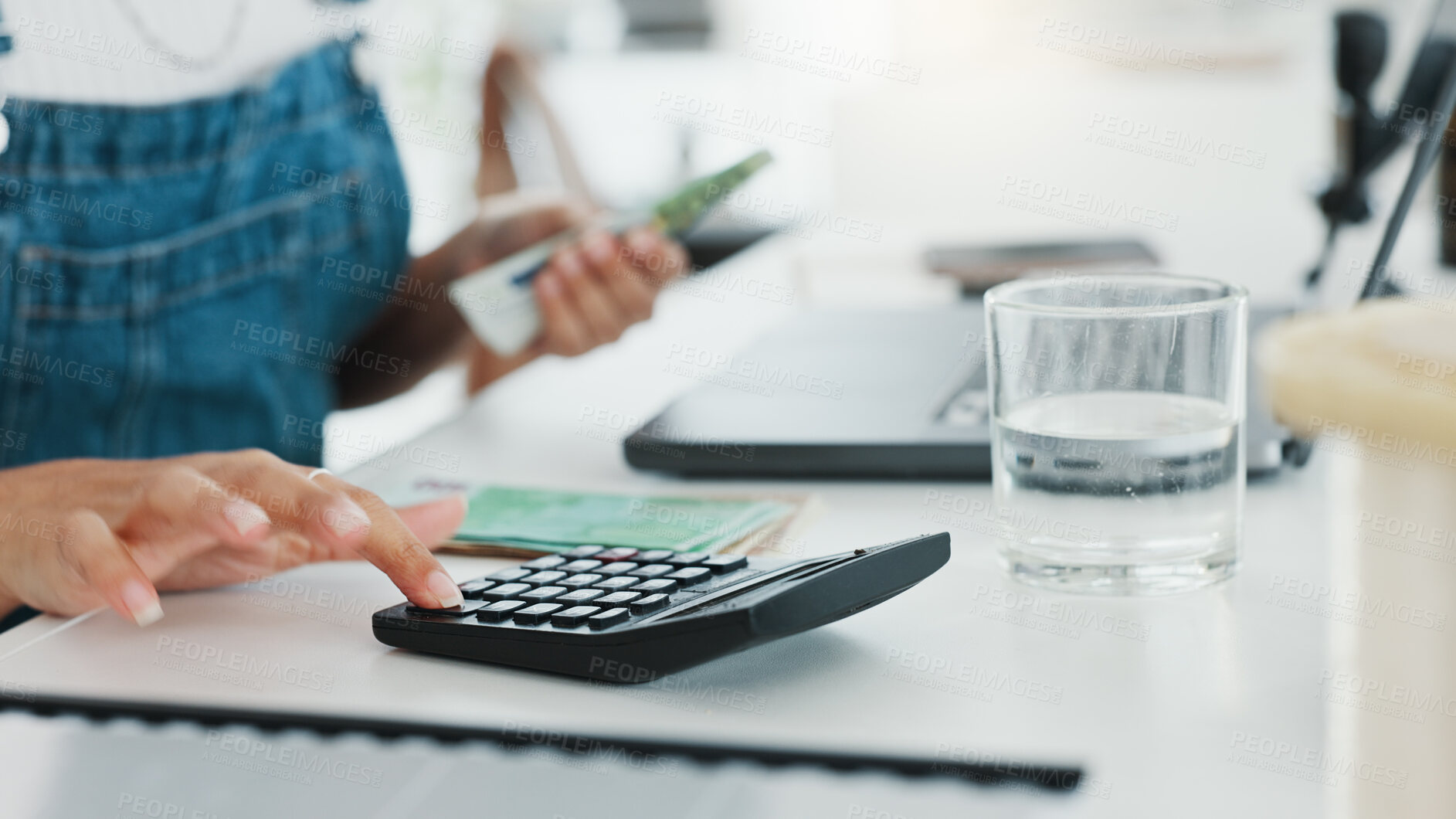 Buy stock photo Hand, finance and calculator for budget with a person closeup at their desk in a home for accounting. Money, investment and small business startup with an entrepreneur counting assets or savings