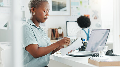 Business owner black woman with letter envelope for logistics, administration or courier service working or planning mail in office workspace. Worker with company paper invoice documents management