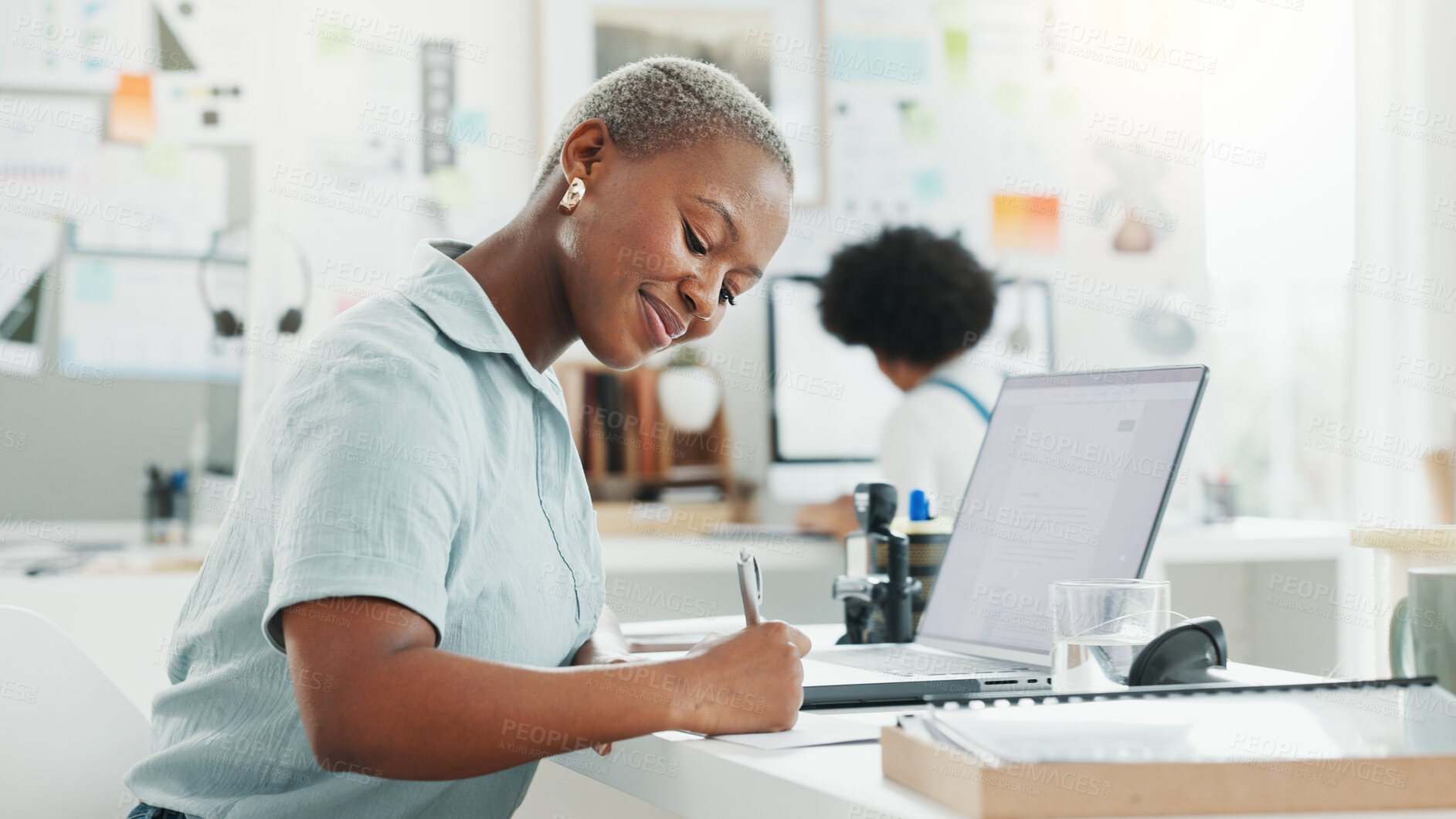 Buy stock photo Black woman receptionist, writing notes or a letter with laptop on table for planning a schedule. Entrepreneur, business and female secretary brainstorming start up ideas in office with an agenda