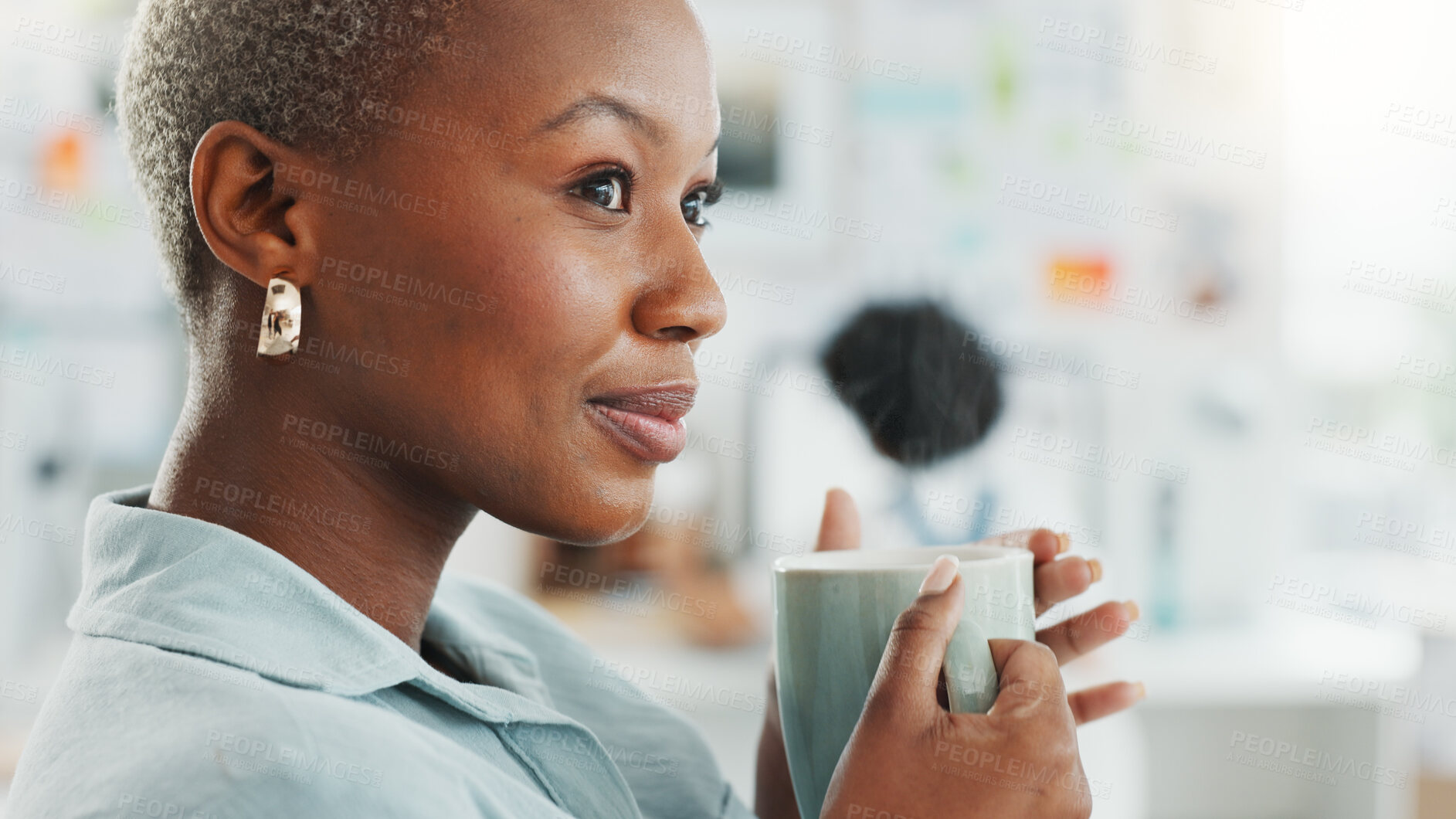 Buy stock photo Coffee, thinking and black woman relaxing in the office on a lunch break at her startup company. Idea, happy and young African female creative designer drinking a cappuccino in her modern workplace.