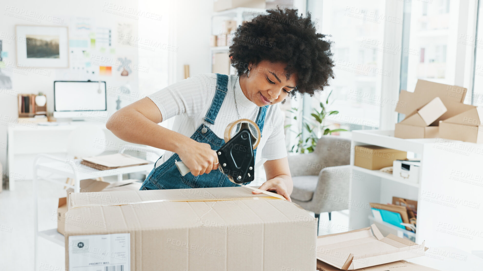 Buy stock photo Ecommerce, woman packing boxes with tape in office for sales and delivery, seller at creative startup with smile. Online shopping, package and small business owner with product orders for web store.