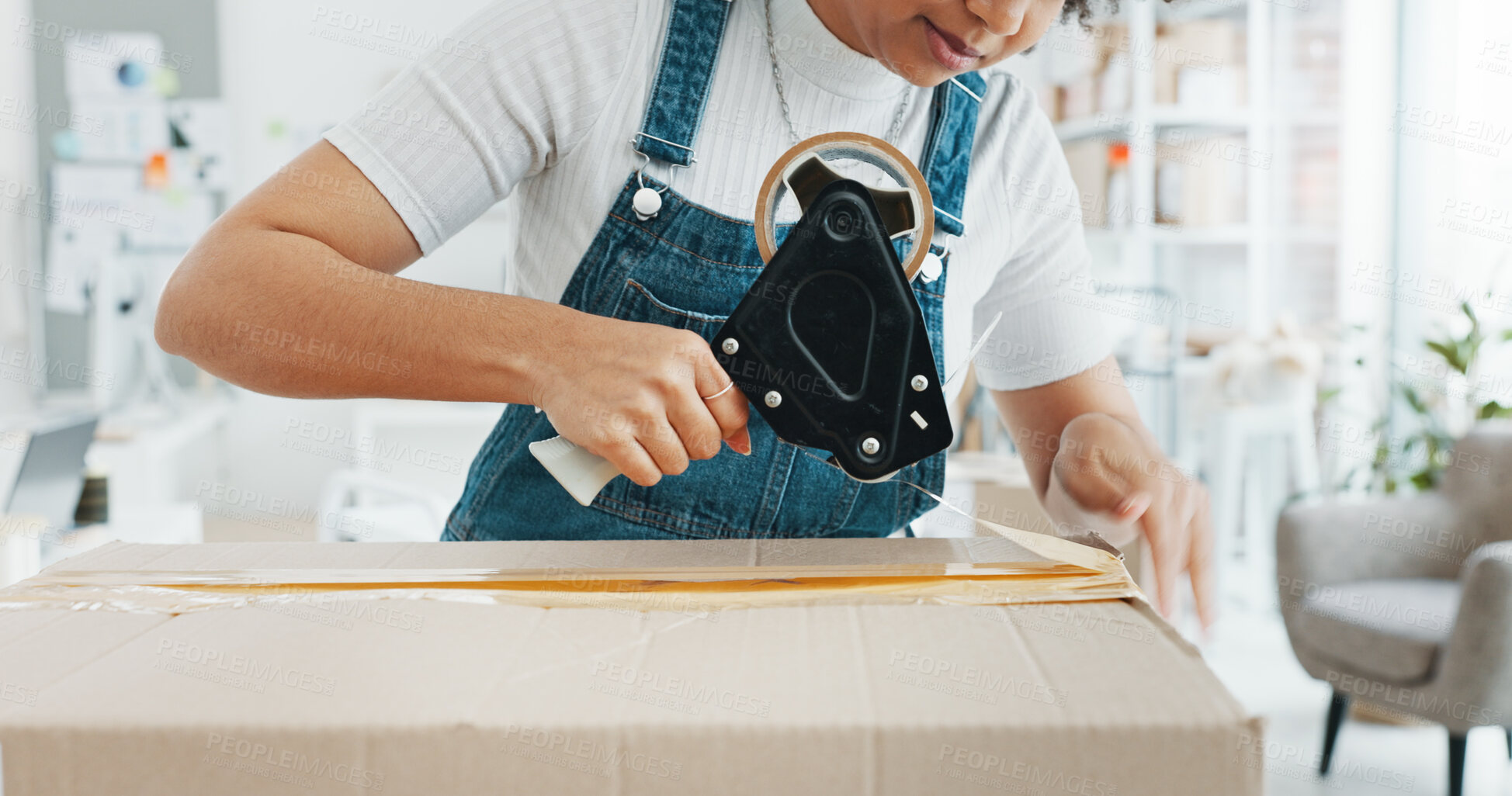 Buy stock photo Ecommerce, hands of woman with box and tape for sales, delivery and seller at creative startup with stock. Online shopping, package and small business owner with product orders for retail web store.