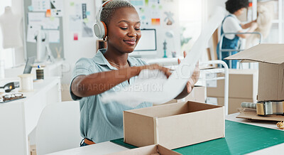 Startup, shop and entrepreneur packing a box for an order of products for shipment or delivery. Black business owner preparing a retail package for courier with her corporate partner in their office.